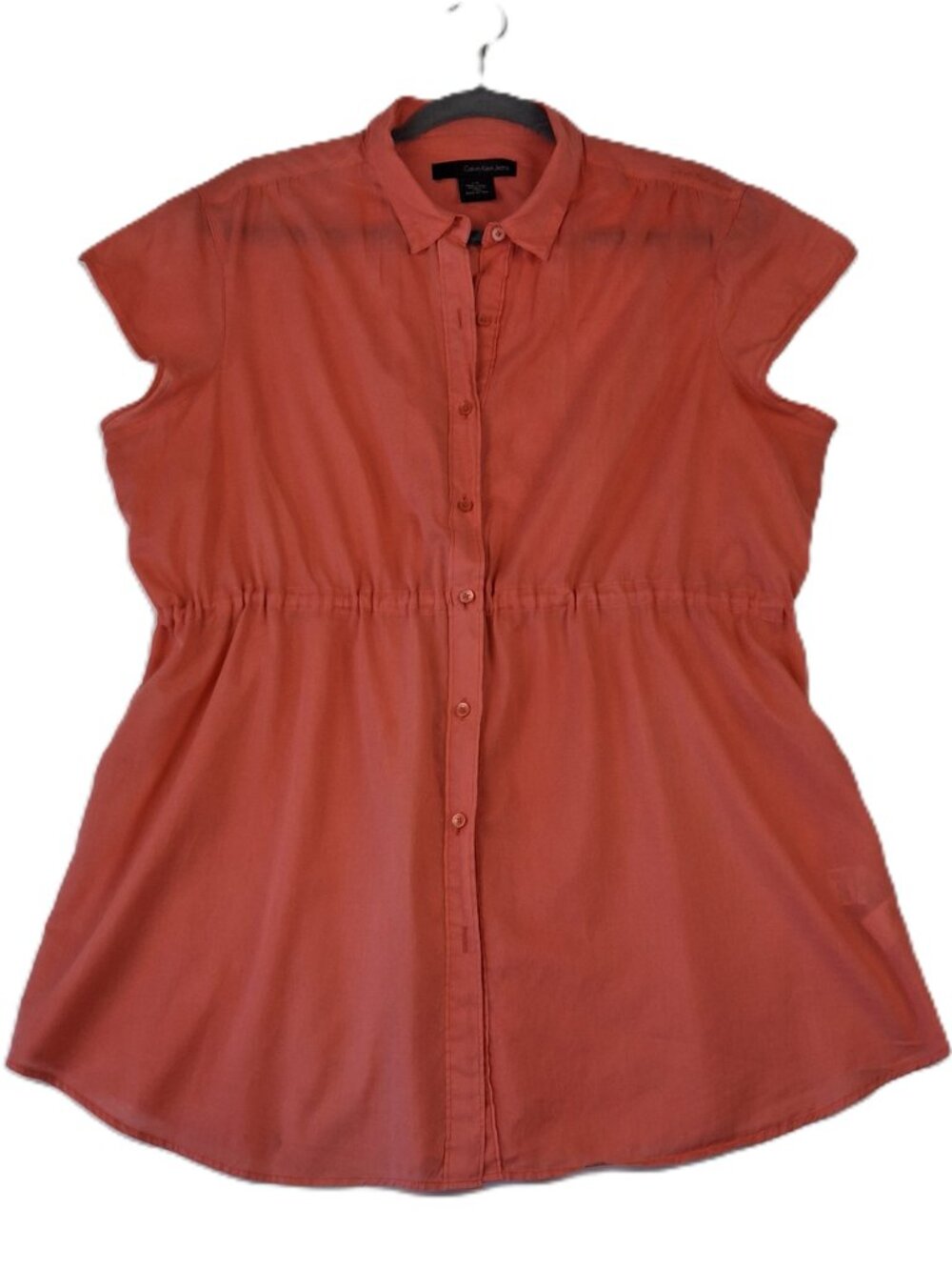 Calvin Klein Sz L Cotton Blouse Coral Orange Capped Sleeve Drawstring Mid Read